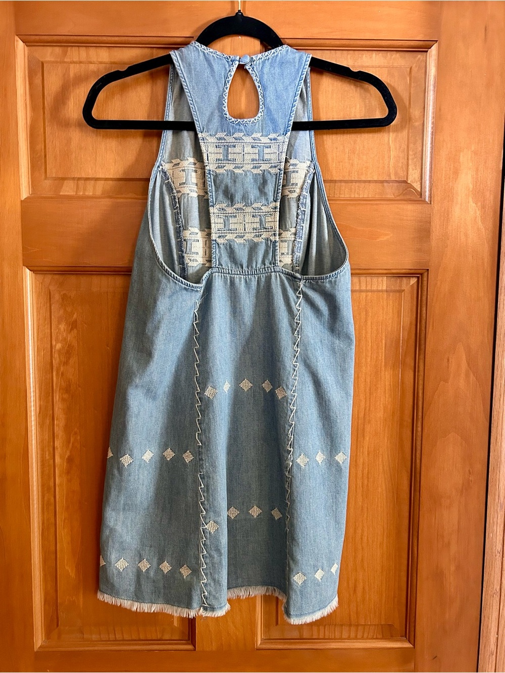 Free People Light Blue Denim Mini Dress with Cream Embroidery Accents - Picture 6 of 6